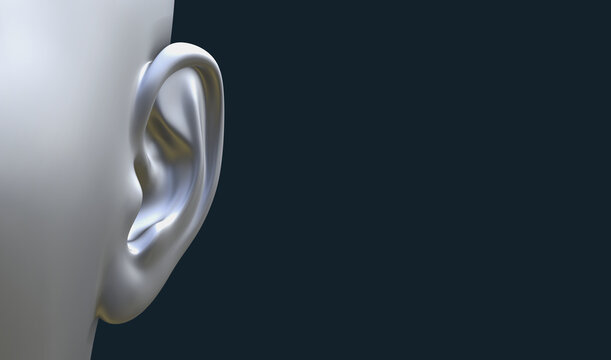 Human Ear in silver gray on a dark blue background