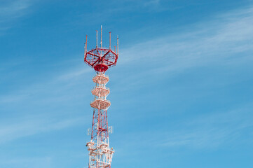 telecommunication tower against the blue sky. 5G tower