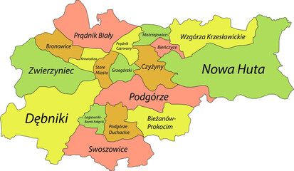 Simple pastel vector map with black borders and names of districts of Krakow, Poland