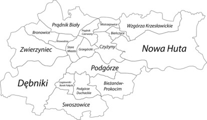 Simple blank white vector map with black borders and names of districts of Krakow, Poland