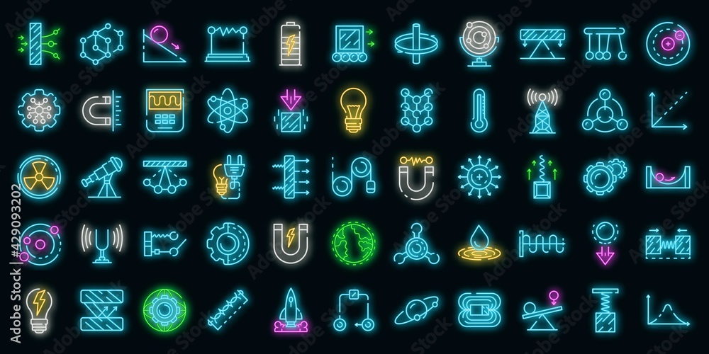 Poster physics icons set. outline set of physics vector icons neon color on white