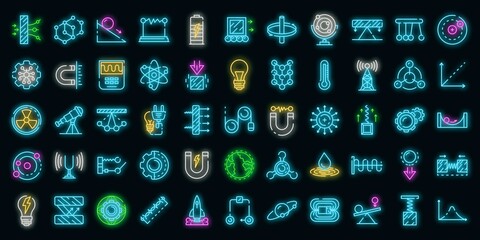 Physics icons set. Outline set of physics vector icons neon color on white