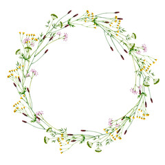 Obraz na płótnie Canvas Wreath with watercolor wildflowers. Hand drawn illustration is isolated on white. Round frame is perfect for natural design, greeting card, wedding invitation, floral logo, label
