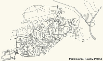 Fototapeta na wymiar Black simple detailed street roads map on vintage beige background of the quarter Mistrzejowice district of Krakow, Poland