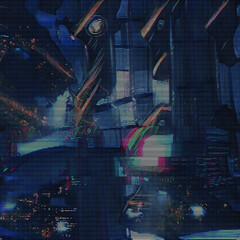 Abstract futuristic geometric composition. Glitched surface. Cyberpunk future concept. Creative sci-fi wallpaper. Colorful techno backdrop with aesthetics of style of 80's.