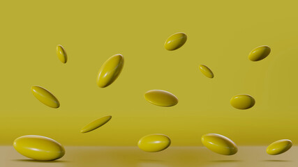 Abstract 3d render, background design with shiny yellow discs. Abstract medicine pattern with falling drugs or pills. High-res image. 
