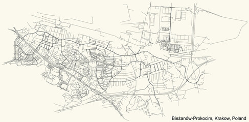 Fototapeta na wymiar Black simple detailed street roads map on vintage beige background of the quarter Bieżanów-Prokocim district of Krakow, Poland