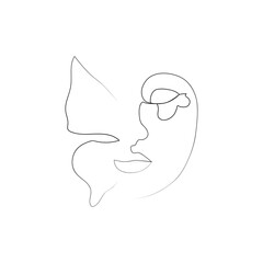 abstract face with butterfly one line drawing. Portret minimalistic style