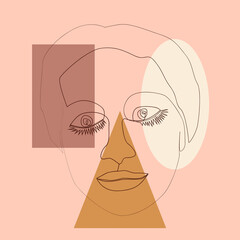 minimalist portrait of female face by one continuous line. Hand drawn abstract feminine print on a background of geometric shapes.