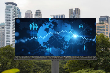 World planet Earth map hologram and social media icons on billboard over panorama city view of Bangkok, Southeast Asia. The concept of people networking and connections.