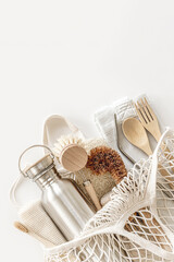 Zero waste kitchen cleaning concept. Eco friendly natural cleaning tools and products, bamboo dish brushes. No plastic, eco-friendly lifestyle. Top view, flat lay.