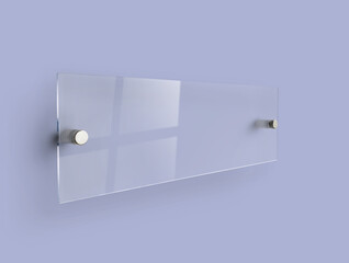 Blank Transparent Glass Interior Office Corporate Signage Plate Mock Up Template, Clear Printing Board For Branding, Logo. Transparent acrilic advertising signboard mock-up back view.