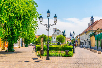 People are walking on the square of Marcius 15 in the hungarian city Vac.