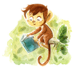 Monkey reading a book in the jungle