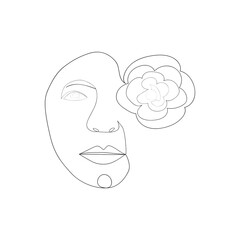 Woman face with flowers one line drawing. Half of the face is a flower. Continuous line drawing art. Nature cosmetics.