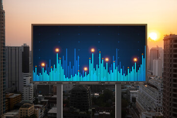 Fototapeta na wymiar Glowing FOREX graph hologram on billboard, aerial panoramic cityscape of Bangkok at sunset. Stock and bond trading in Southeast Asia. The concept of fund management.