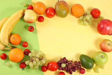 Tropical fruits, pineapple, grapefruit, orange, banana, grapes, lemon, shop banner. Detox diet, minimal summer vacation concept, flat lay, healthy natural food. Selective focus