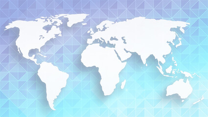 White transparent world map on modern pattern of vibrant and colorful turquoise, light blue and purple triangles.