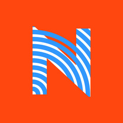 Letter N texture of curved lines in white and blue on orange background for party, editable vector