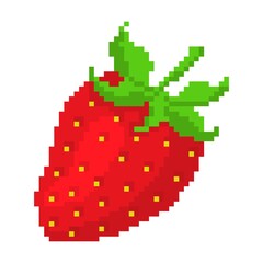 Ripe pixel strawberry. Red freshness berry with yellow vitamin seeds and green leaves natural sweet vector dessert.