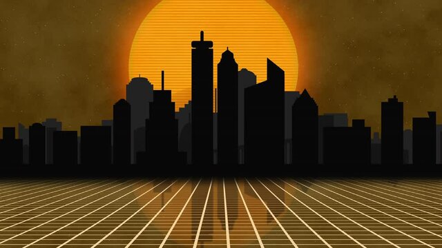 Sci-fi city from 80-s vector graphics concept. Sunset over New-York or Tokyo. Cyber punk city concept
