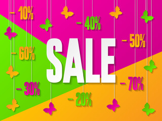 Spring sale banner with butterflies, discounts and sale text. Design template for discount vouchers, marketing posters, web banners, shopping flyers. Sale and special offer.
