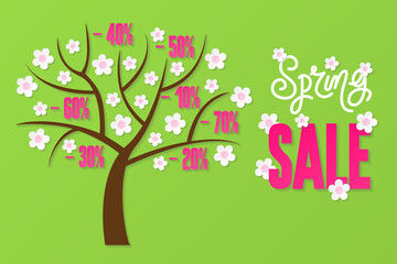 Spring sale banner with with flowering tree, discounts and sale text. Design template for discount vouchers, marketing posters, web banners, shopping flyers. Sale and special offer.