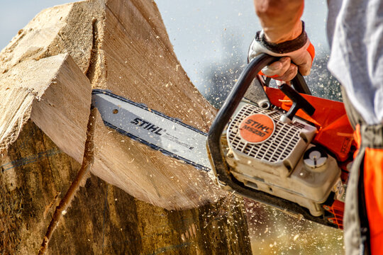 Ukraine Kiev June 22, 2019.Stihl chainsaw in Kiev. Stihl is a German manufacturer of chainsaws and other handheld power equipment