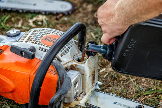 Ukraine Kiev June 22, 2019.Stihl chainsaw in Kiev. Stihl is a German manufacturer of chainsaws and other handheld power equipment