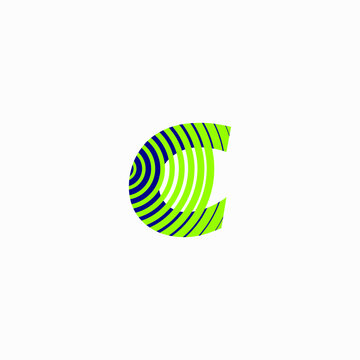 Capital letter C in green and blue color in curved lines, editable vector