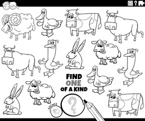 one of a kind game with cartoon farm animals coloring book page