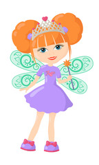 Funny cute little fairy girl Polina with crown, wings, magic wand and purple dress. Colored isolated vector illustration in flat design with shadows	