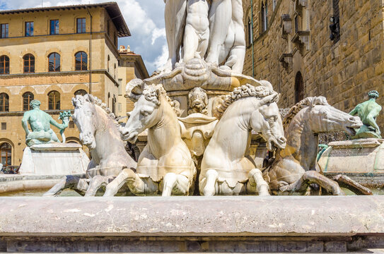 Famous Fountain of Neptune on Piazza della Signoria in Florence, Italy. Fragment.