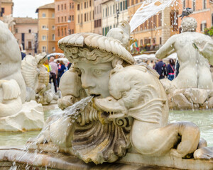 Fontana del Moro in Piazza Navona, Famous square filled with fountains in the heart of Rome, capital of Italy