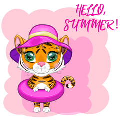 Cartoon tiger with swimming circle in summer hat, Summer is coming. Vacation, sea, rest. Children's stylistics, cute. Symbol of 2022