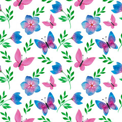 Watercolor Seamless Pattern with Blooming Flowers and Flying Butterflies . Beauty in Nature. Background for Fabric, Textile, Print and Invitation.