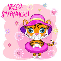 Cartoon tiger with swimming circle in summer hat, Summer is coming. Vacation, sea, rest. Children's stylistics, cute. Symbol of 2022