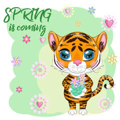 Cartoon tiger with a bouquet of flowers, Spring is coming. Children's stylistics, cute. Symbol of 2022 New Year