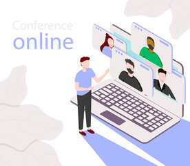 Conference meeting online concept. Live meeting on laptop. Video meeting online.Video conference landing. Live conferencing and online meeting workspace vector.