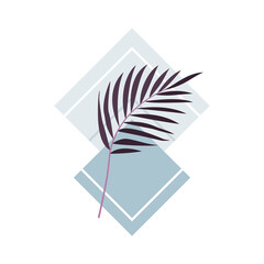 Egzotyczne palmowe liście w odcieniach fioletu. Botaniczna ilustracja tropikalnej rośliny z niebieskimi kwadratami na białym tle.  © Monika