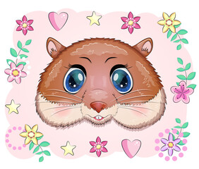 Cute cartoon hamster characters, funny animal muzzle in flower