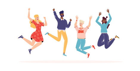 Happy people jumping set. Diverse group of joyful people with raised hands jumping together. Positive and laughing men and women. Young funny teens guys and girls jumping together. Flat illustration