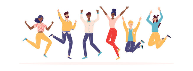 Fototapeta na wymiar Happy people jumping set. Diverse group of joyful people with raised hands jumping together. Positive and laughing men and women. Young funny teens guys and girls jumping together. Flat illustration