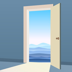 Open Door to nature way. Landscape minimal, symbol freedom, new way exit, discovery, opportunities. Motivation concept to real world. Vector illustration cartoon style poster banner