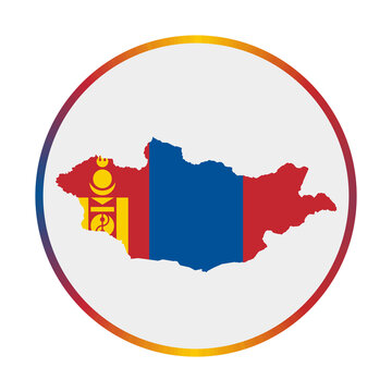 recommend clip art: Mongolia icon. Shape of the country with Mongolia flag. Round sign with flag colors gradient ring. Radiant vector illustration.