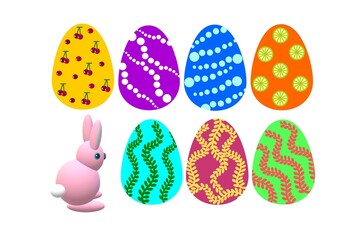 Painted eggs with bright patterns and Easter bunny on a white background for design and print