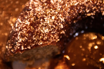 Vegan cake. Coconut flour, crushed almonds, chia gel and brown sugar. Chocolate syrup with coconut milk. Grated coconut on top