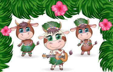 Tropical new year 2021, celebration. Group of cows and bulls as hula dancers with acoustic ukulele guitars, Hawaii