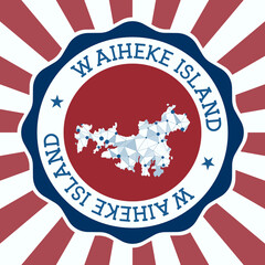 Waiheke Island Badge. Round logo of island with triangular mesh map and radial rays. EPS10 Vector.