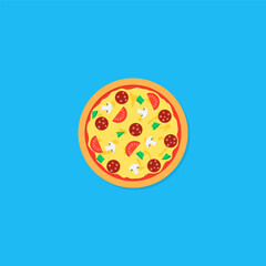 Tasty pizza with tomatoes and mashrooms top view. Vector illustration in flat style